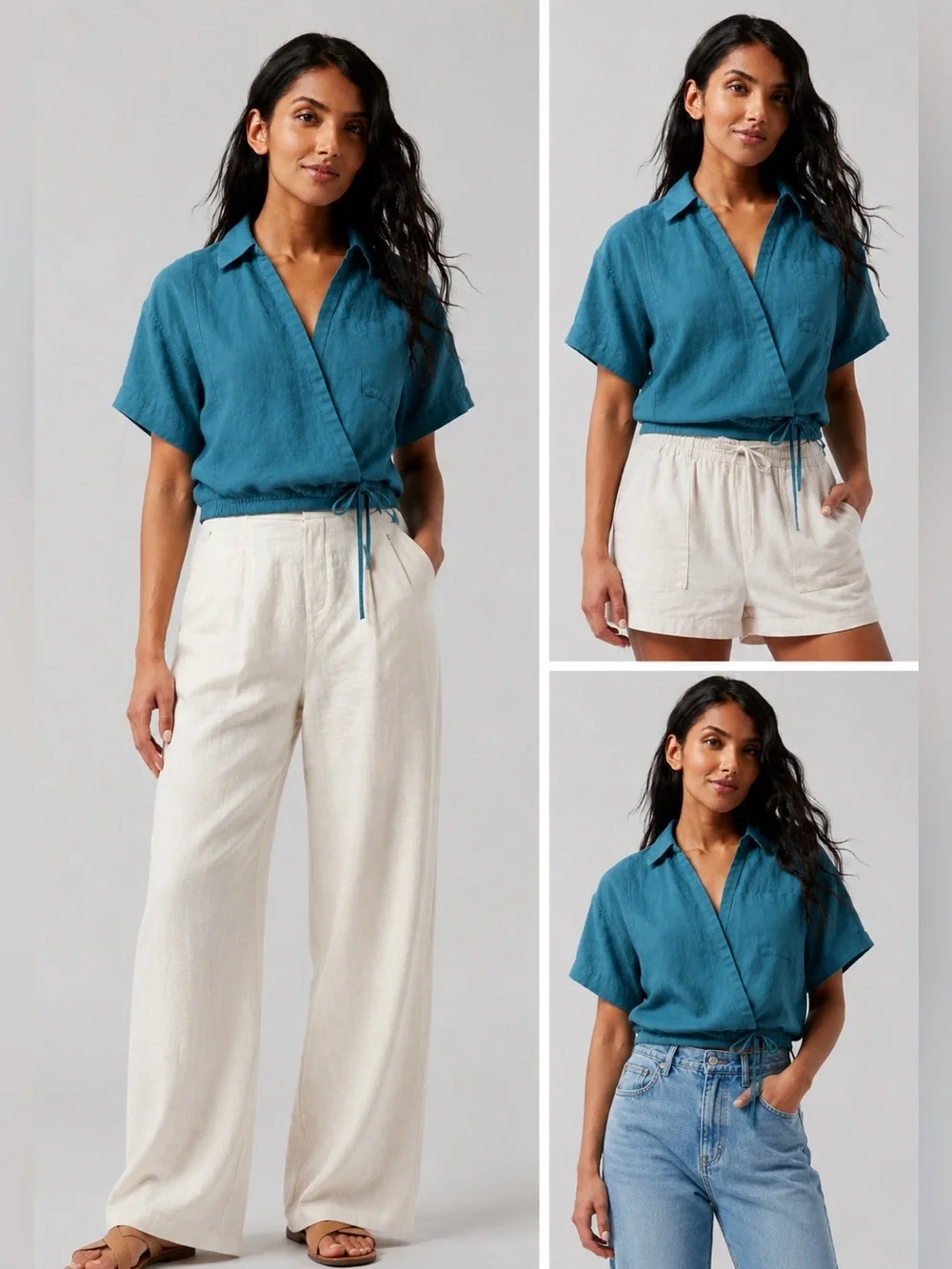 Athleta Playa Tie Top Women’s Large Teal Blue 100% Linen Cropped Shirt NWT